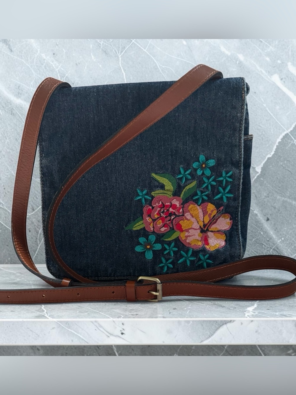 Patricia Nash Embroidered Denim Crossbody Bag with Brown Leather Strap